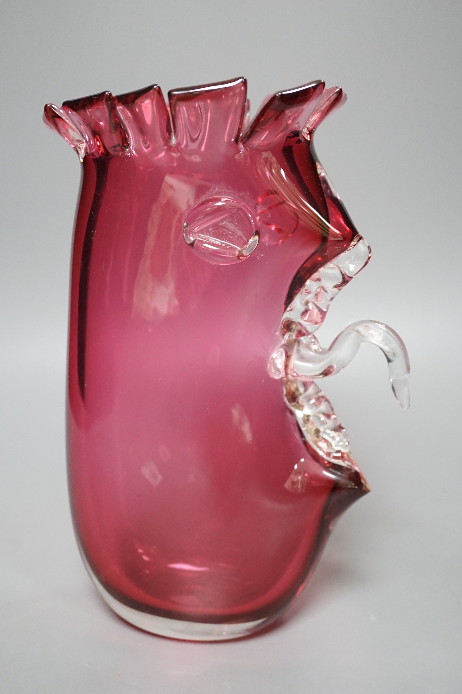 A cranberry glass novelty vase, signed Louis Thompson, 25cm